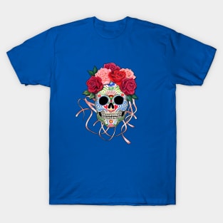 Mexican Roses Skull with Pink Ribbons T-Shirt